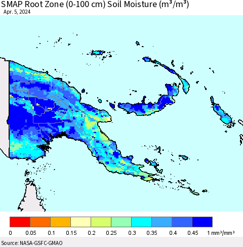 Papua New Guinea SMAP Root Zone (0-100 cm) Soil Moisture (m³/m³) Thematic Map For 4/1/2024 - 4/5/2024