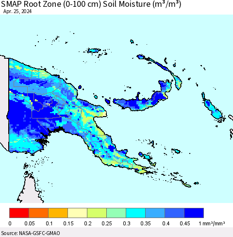 Papua New Guinea SMAP Root Zone (0-100 cm) Soil Moisture (m³/m³) Thematic Map For 4/21/2024 - 4/25/2024