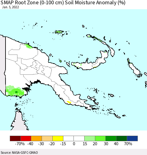 Papua New Guinea SMAP Root Zone (0-100 cm) Soil Moisture Anomaly (%) Thematic Map For 1/1/2022 - 1/5/2022