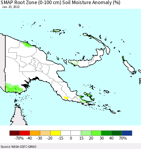 Papua New Guinea SMAP Root Zone (0-100 cm) Soil Moisture Anomaly (%) Thematic Map For 1/6/2022 - 1/10/2022
