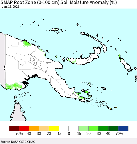 Papua New Guinea SMAP Root Zone (0-100 cm) Soil Moisture Anomaly (%) Thematic Map For 1/11/2022 - 1/15/2022
