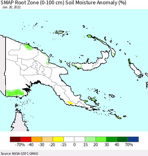 Papua New Guinea SMAP Root Zone (0-100 cm) Soil Moisture Anomaly (%) Thematic Map For 1/16/2022 - 1/20/2022
