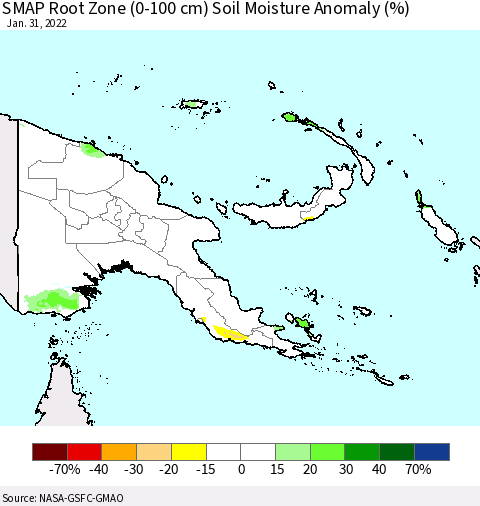 Papua New Guinea SMAP Root Zone (0-100 cm) Soil Moisture Anomaly (%) Thematic Map For 1/26/2022 - 1/31/2022