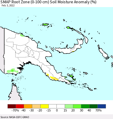 Papua New Guinea SMAP Root Zone (0-100 cm) Soil Moisture Anomaly (%) Thematic Map For 2/1/2022 - 2/5/2022