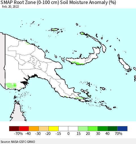 Papua New Guinea SMAP Root Zone (0-100 cm) Soil Moisture Anomaly (%) Thematic Map For 2/16/2022 - 2/20/2022