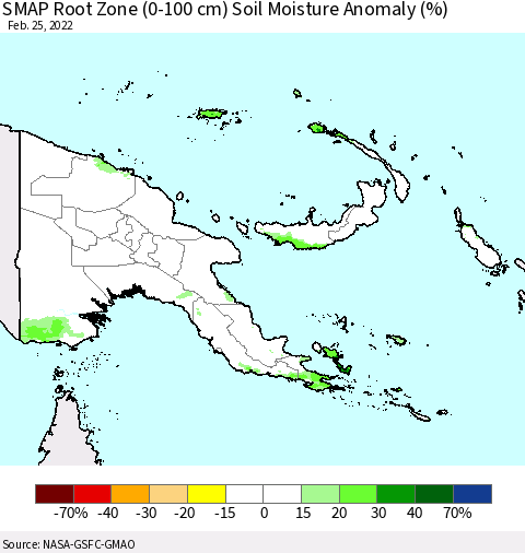 Papua New Guinea SMAP Root Zone (0-100 cm) Soil Moisture Anomaly (%) Thematic Map For 2/21/2022 - 2/25/2022