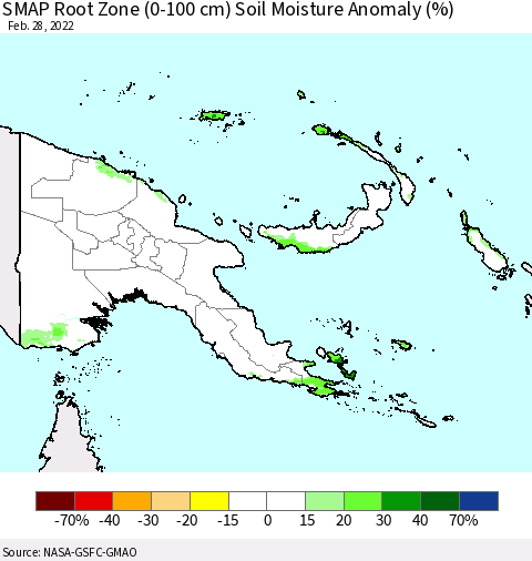 Papua New Guinea SMAP Root Zone (0-100 cm) Soil Moisture Anomaly (%) Thematic Map For 2/26/2022 - 2/28/2022