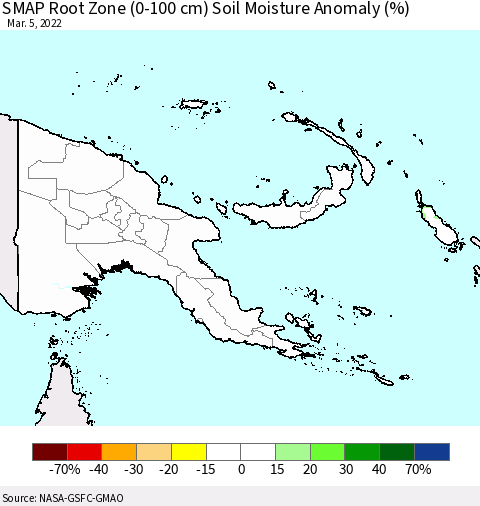 Papua New Guinea SMAP Root Zone (0-100 cm) Soil Moisture Anomaly (%) Thematic Map For 3/1/2022 - 3/5/2022