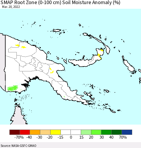 Papua New Guinea SMAP Root Zone (0-100 cm) Soil Moisture Anomaly (%) Thematic Map For 3/16/2022 - 3/20/2022