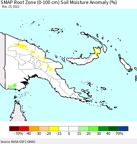 Papua New Guinea SMAP Root Zone (0-100 cm) Soil Moisture Anomaly (%) Thematic Map For 3/21/2022 - 3/25/2022