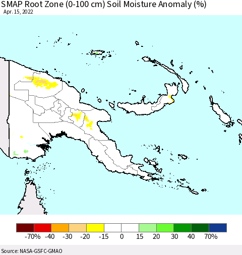 Papua New Guinea SMAP Root Zone (0-100 cm) Soil Moisture Anomaly (%) Thematic Map For 4/11/2022 - 4/15/2022