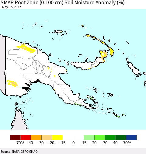 Papua New Guinea SMAP Root Zone (0-100 cm) Soil Moisture Anomaly (%) Thematic Map For 5/11/2022 - 5/15/2022
