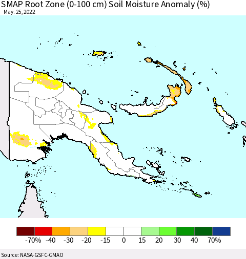 Papua New Guinea SMAP Root Zone (0-100 cm) Soil Moisture Anomaly (%) Thematic Map For 5/21/2022 - 5/25/2022