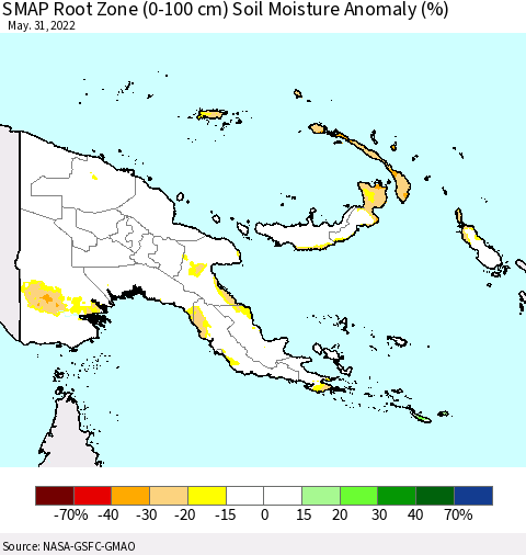Papua New Guinea SMAP Root Zone (0-100 cm) Soil Moisture Anomaly (%) Thematic Map For 5/26/2022 - 5/31/2022