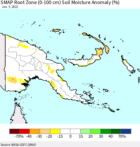Papua New Guinea SMAP Root Zone (0-100 cm) Soil Moisture Anomaly (%) Thematic Map For 6/1/2022 - 6/5/2022