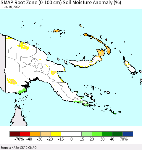 Papua New Guinea SMAP Root Zone (0-100 cm) Soil Moisture Anomaly (%) Thematic Map For 6/6/2022 - 6/10/2022