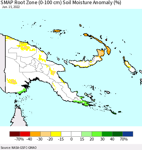 Papua New Guinea SMAP Root Zone (0-100 cm) Soil Moisture Anomaly (%) Thematic Map For 6/11/2022 - 6/15/2022