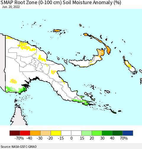 Papua New Guinea SMAP Root Zone (0-100 cm) Soil Moisture Anomaly (%) Thematic Map For 6/16/2022 - 6/20/2022