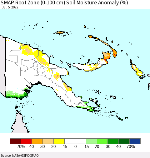 Papua New Guinea SMAP Root Zone (0-100 cm) Soil Moisture Anomaly (%) Thematic Map For 7/1/2022 - 7/5/2022