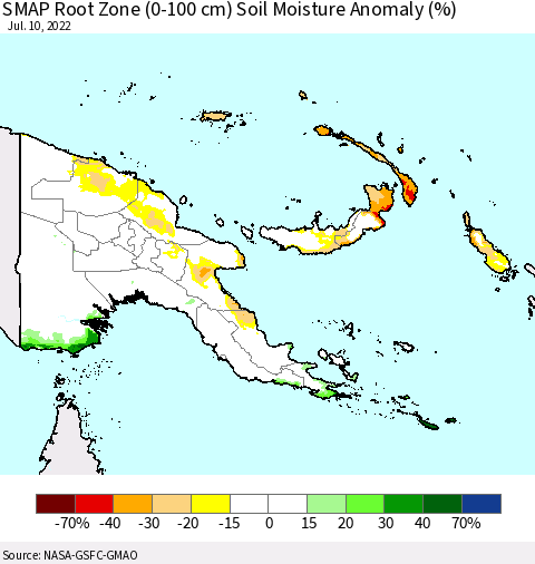 Papua New Guinea SMAP Root Zone (0-100 cm) Soil Moisture Anomaly (%) Thematic Map For 7/6/2022 - 7/10/2022