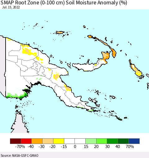 Papua New Guinea SMAP Root Zone (0-100 cm) Soil Moisture Anomaly (%) Thematic Map For 7/11/2022 - 7/15/2022