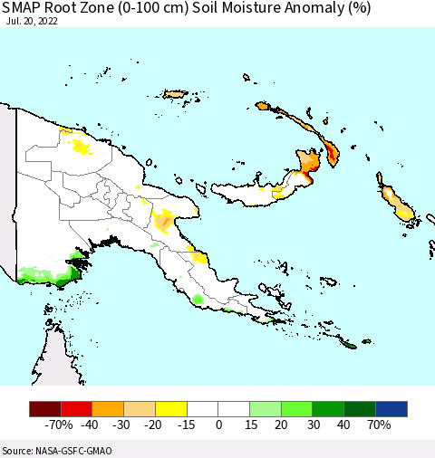 Papua New Guinea SMAP Root Zone (0-100 cm) Soil Moisture Anomaly (%) Thematic Map For 7/16/2022 - 7/20/2022