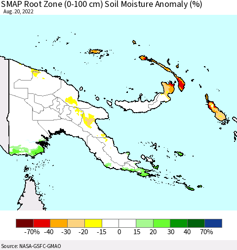 Papua New Guinea SMAP Root Zone (0-100 cm) Soil Moisture Anomaly (%) Thematic Map For 8/16/2022 - 8/20/2022