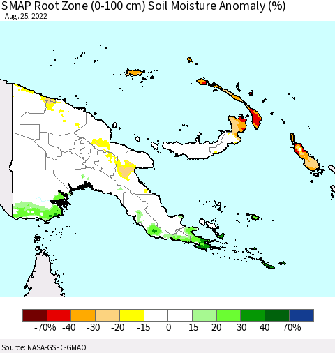 Papua New Guinea SMAP Root Zone (0-100 cm) Soil Moisture Anomaly (%) Thematic Map For 8/21/2022 - 8/25/2022