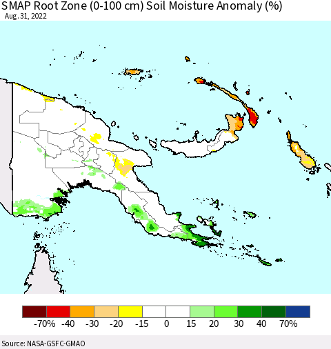 Papua New Guinea SMAP Root Zone (0-100 cm) Soil Moisture Anomaly (%) Thematic Map For 8/26/2022 - 8/31/2022