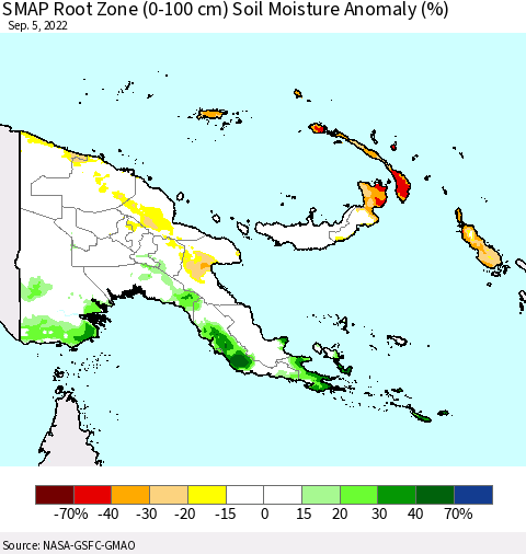 Papua New Guinea SMAP Root Zone (0-100 cm) Soil Moisture Anomaly (%) Thematic Map For 9/1/2022 - 9/5/2022