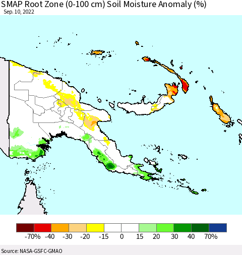 Papua New Guinea SMAP Root Zone (0-100 cm) Soil Moisture Anomaly (%) Thematic Map For 9/6/2022 - 9/10/2022