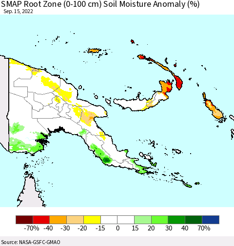 Papua New Guinea SMAP Root Zone (0-100 cm) Soil Moisture Anomaly (%) Thematic Map For 9/11/2022 - 9/15/2022