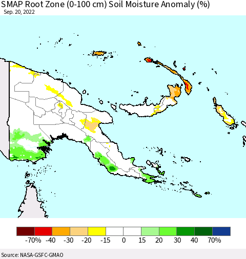 Papua New Guinea SMAP Root Zone (0-100 cm) Soil Moisture Anomaly (%) Thematic Map For 9/16/2022 - 9/20/2022