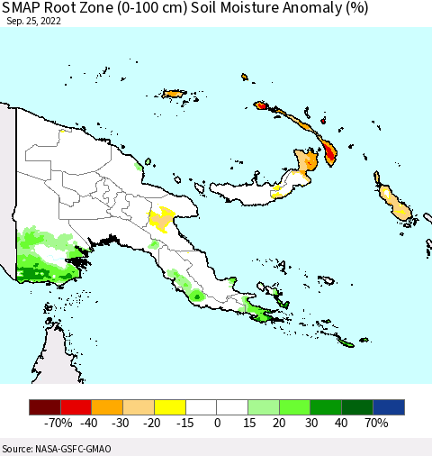 Papua New Guinea SMAP Root Zone (0-100 cm) Soil Moisture Anomaly (%) Thematic Map For 9/21/2022 - 9/25/2022