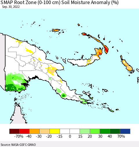 Papua New Guinea SMAP Root Zone (0-100 cm) Soil Moisture Anomaly (%) Thematic Map For 9/26/2022 - 9/30/2022