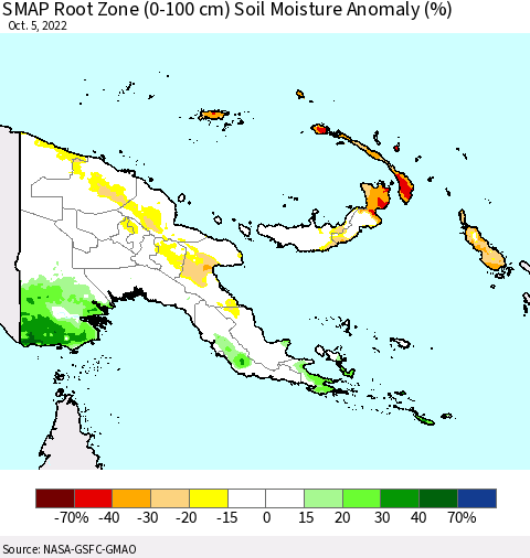 Papua New Guinea SMAP Root Zone (0-100 cm) Soil Moisture Anomaly (%) Thematic Map For 10/1/2022 - 10/5/2022