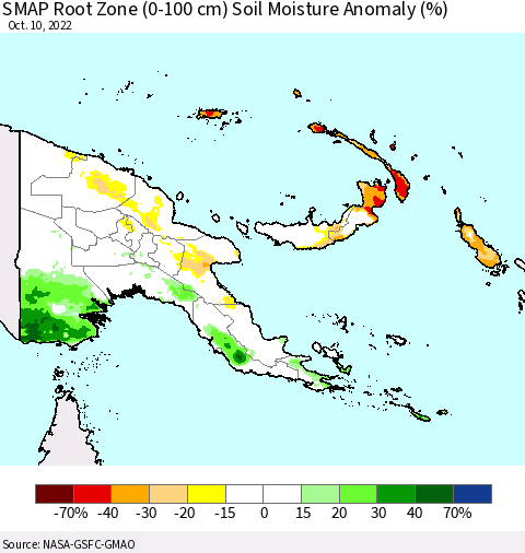 Papua New Guinea SMAP Root Zone (0-100 cm) Soil Moisture Anomaly (%) Thematic Map For 10/6/2022 - 10/10/2022