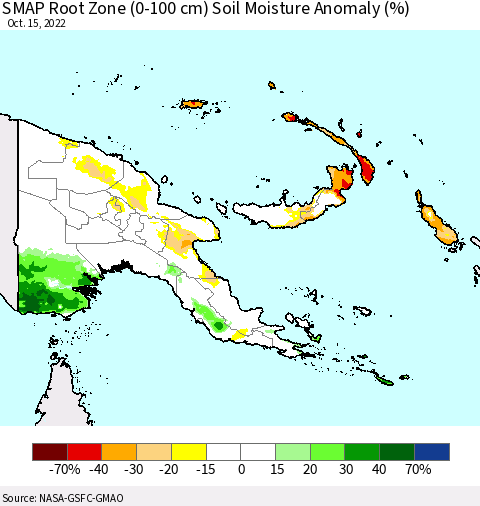 Papua New Guinea SMAP Root Zone (0-100 cm) Soil Moisture Anomaly (%) Thematic Map For 10/11/2022 - 10/15/2022