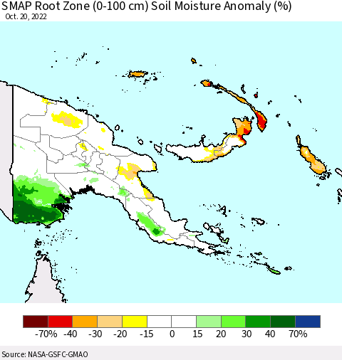 Papua New Guinea SMAP Root Zone (0-100 cm) Soil Moisture Anomaly (%) Thematic Map For 10/16/2022 - 10/20/2022