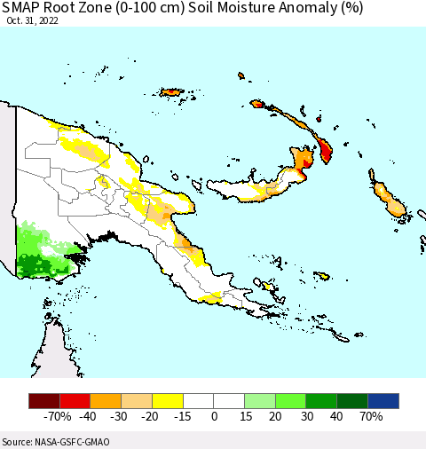 Papua New Guinea SMAP Root Zone (0-100 cm) Soil Moisture Anomaly (%) Thematic Map For 10/26/2022 - 10/31/2022