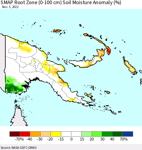 Papua New Guinea SMAP Root Zone (0-100 cm) Soil Moisture Anomaly (%) Thematic Map For 11/1/2022 - 11/5/2022