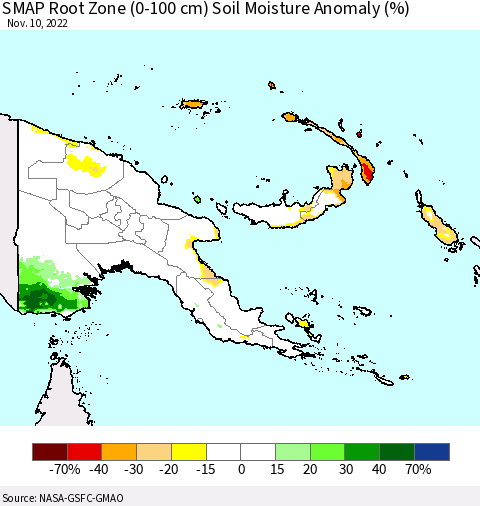 Papua New Guinea SMAP Root Zone (0-100 cm) Soil Moisture Anomaly (%) Thematic Map For 11/6/2022 - 11/10/2022