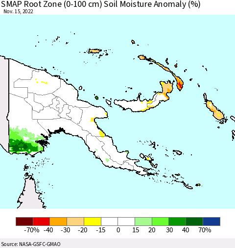 Papua New Guinea SMAP Root Zone (0-100 cm) Soil Moisture Anomaly (%) Thematic Map For 11/11/2022 - 11/15/2022