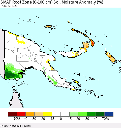 Papua New Guinea SMAP Root Zone (0-100 cm) Soil Moisture Anomaly (%) Thematic Map For 11/16/2022 - 11/20/2022