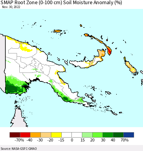 Papua New Guinea SMAP Root Zone (0-100 cm) Soil Moisture Anomaly (%) Thematic Map For 11/26/2022 - 11/30/2022