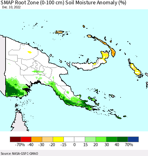Papua New Guinea SMAP Root Zone (0-100 cm) Soil Moisture Anomaly (%) Thematic Map For 12/6/2022 - 12/10/2022