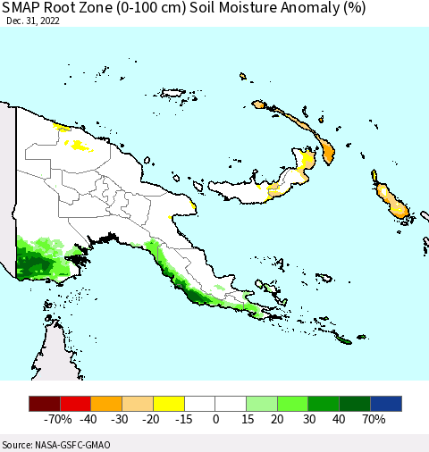 Papua New Guinea SMAP Root Zone (0-100 cm) Soil Moisture Anomaly (%) Thematic Map For 12/26/2022 - 12/31/2022