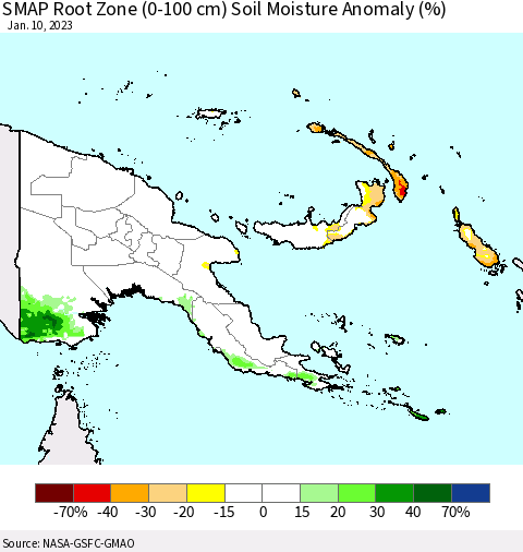 Papua New Guinea SMAP Root Zone (0-100 cm) Soil Moisture Anomaly (%) Thematic Map For 1/6/2023 - 1/10/2023