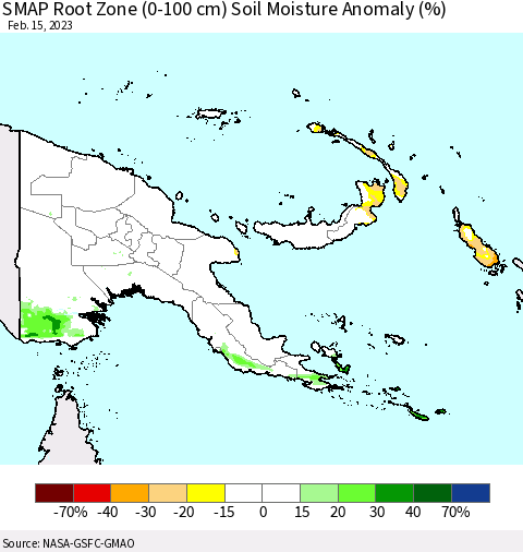 Papua New Guinea SMAP Root Zone (0-100 cm) Soil Moisture Anomaly (%) Thematic Map For 2/11/2023 - 2/15/2023