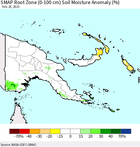 Papua New Guinea SMAP Root Zone (0-100 cm) Soil Moisture Anomaly (%) Thematic Map For 2/16/2023 - 2/20/2023